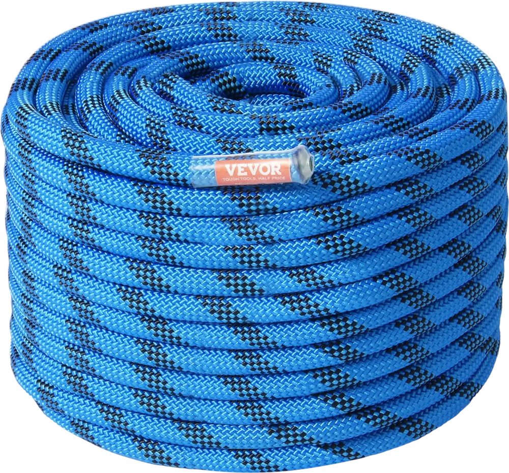 VEVOR 12.7mm Static Climbing Rope, 45.7M(150ft) Outdoor Rock Climbing Rope 30KN Breaking Tension, Fiber Rope with Steel Snap Hooks for Escape, Rappelling, Fire Rescue, Blue