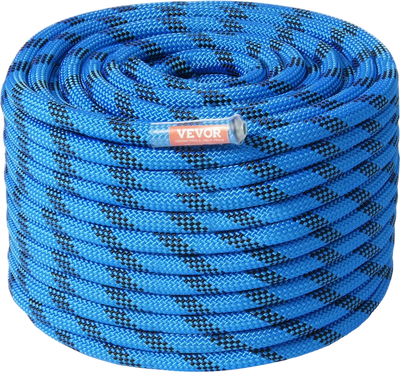 VEVOR 12.7mm Static Climbing Rope, 45.7M(150ft) Outdoor Rock Climbing Rope 30KN Breaking Tension, Fiber Rope with Steel Snap Hooks for Escape, Rappelling, Fire Rescue, Blue