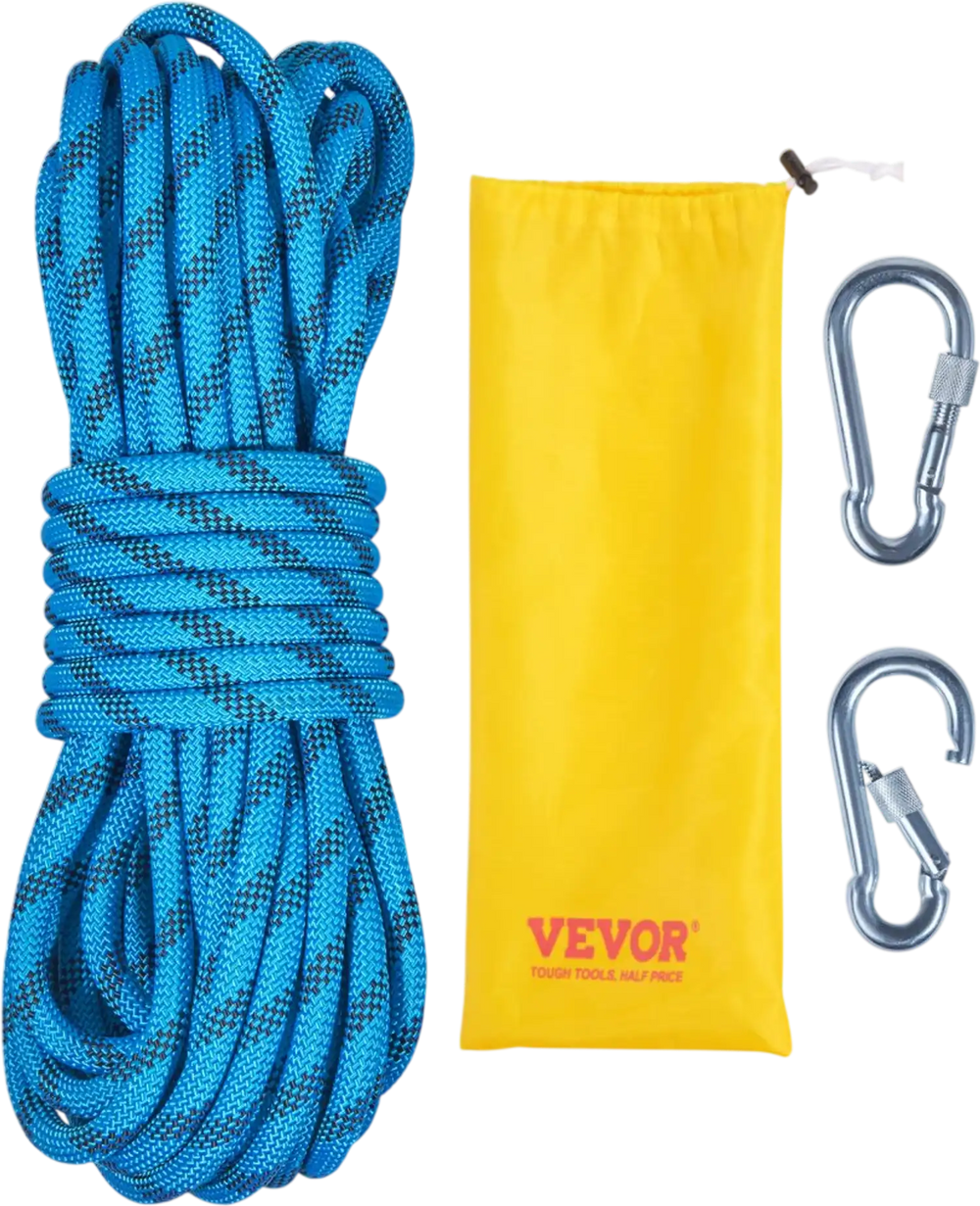 VEVOR 10.5 mm Static Climbing Rope, 9.7M(32ft) Outdoor Rock Climbing Rope 25KN Breaking Tension, Fiber Rope with Steel Snap Hooks for Escape, Rappelling, Fire Rescue, Blue