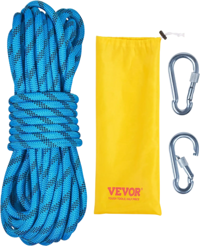 Vevor Static Climbing Rope 32' 10.5 mm with Steel Snap Hooks Blue New