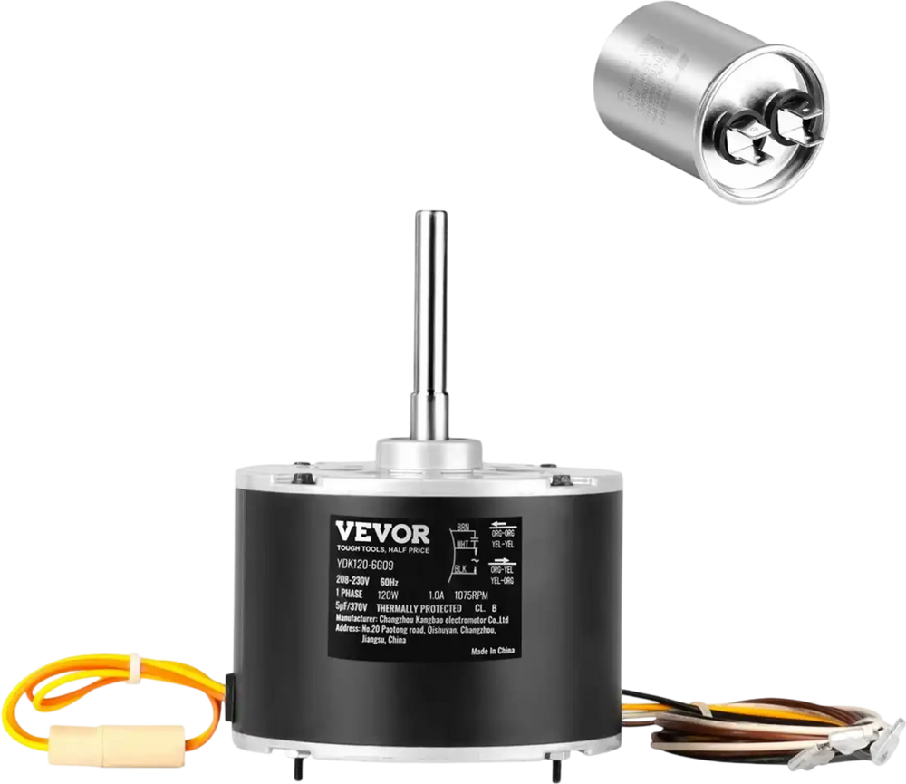 VEVOR Condenser Fan Motor OGD1016, 1/6 HP 208-230V Condenser Fan Motor 1075RPM, OEM Standard Upgraded Replacement Condenser Motor Reversible Rotating, Explosion-proof CBB65 5μF/370V Capacitor