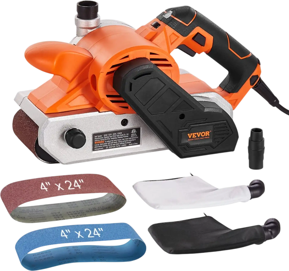 VEVOR 10AMP Belt Sander, 4" x 24" Belt Sanders for Woodworking with 6 Speeds 274-480 m/min, Powerful Sander Machine with 2 in 1 Vacuum Adapter, 2 Dust Bags, 2 Sanding Belts
