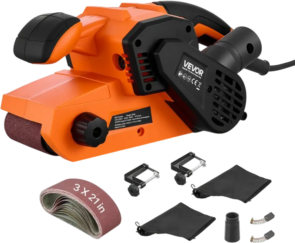 VEVOR 7A Belt Sander 3" x 21" Woodworking Belt Sander 6 Speeds 630-1200 FPM, 2-in-1 Handheld & Benchtop Sanding Machine with 2 Dust Bags, 10PCS Sanding Belts & 2 Clamps for Woodworking Projects