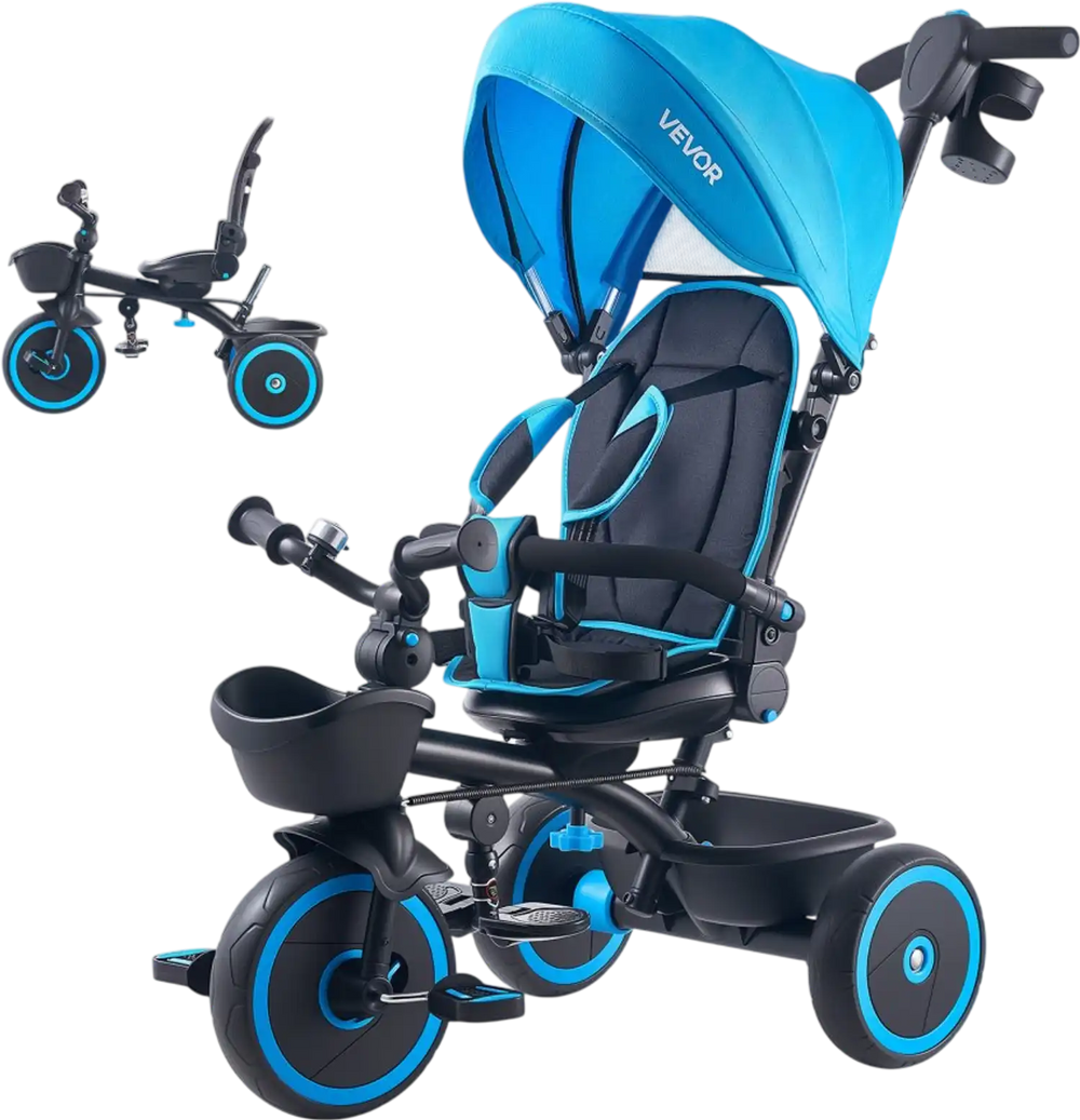 VEVOR Toddler Tricycle & Stroller for 1-5 Year Old, 6-in-1 Kids Trike with Parent Push Handle, Canopy, Adjustable Seat and Storage, Tricycle for Toddlers, Birthday Toy for Boys and Girls, Blue/Black
