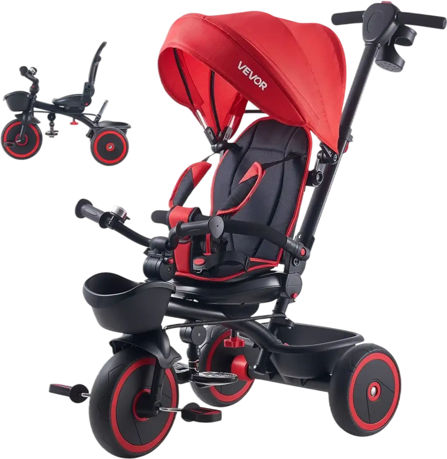 Vevor Tricycle 6-in-1 Toddler Tricycle Stroller with Parent Push Handle Canopy Red Black New