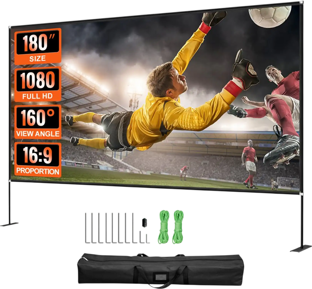 VEVOR Movie Screen with Stand 180inch Portable Projector Screen 16:9 4K HD Wide Angle Outdoor Projector Screen with Stand Easy Assembly with Storage Bag for Indoor and Outdoor Use