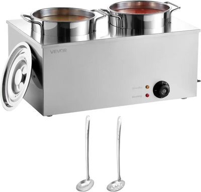 VEVOR Electric Soup Warmer, Two 6.34QT Stainless Steel Round Pot with 86~185°F Adjustable Temp, 1200W Commercial Bain Marie Compatible with Pans, Soup Station for Restaurant, Buffet