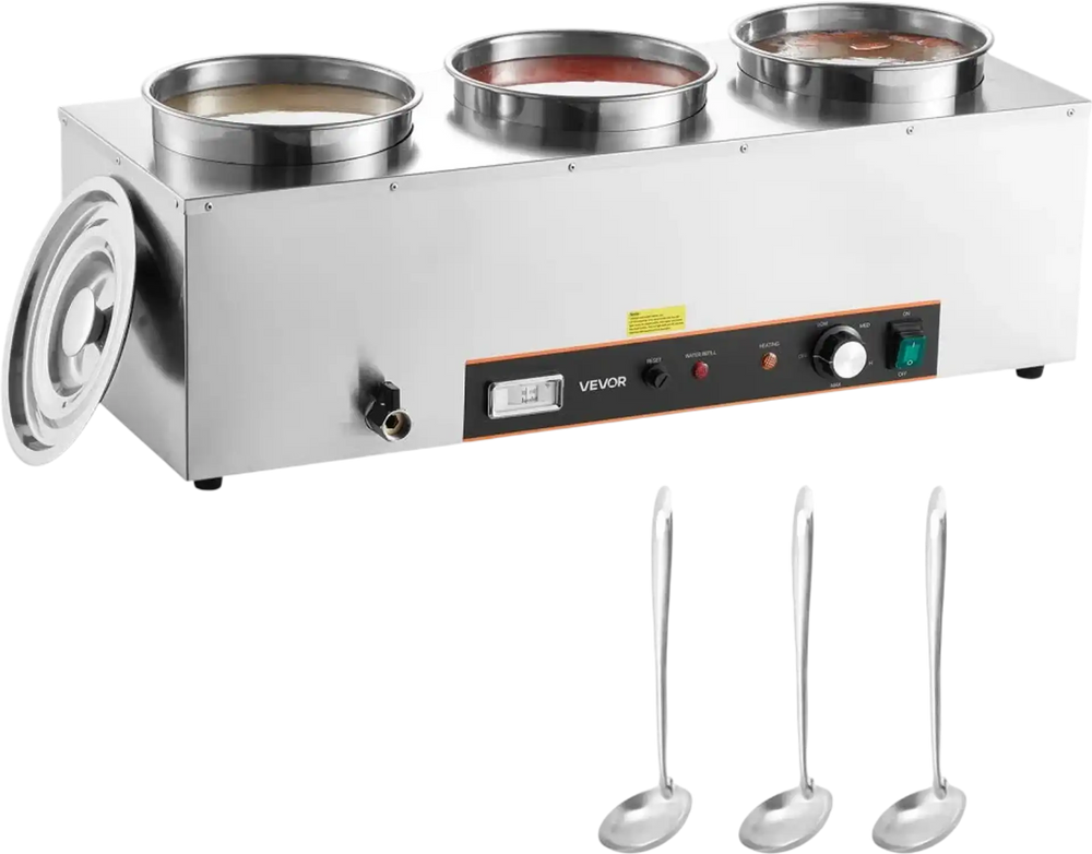 VEVOR Electric Soup Warmer, Three 6.34QT Stainless Steel Round Pot with 86~185°F Adjustable Temp, 1500W Commercial Bain Marie with Anti-dry Burn and Reset Button, Soup Station for Restaurant, Buffet