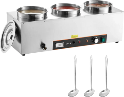 VEVOR Electric Soup Warmer, Three 6.34QT Stainless Steel Round Pot with 86~185°F Adjustable Temp, 1500W Commercial Bain Marie with Anti-dry Burn and Reset Button, Soup Station for Restaurant, Buffet