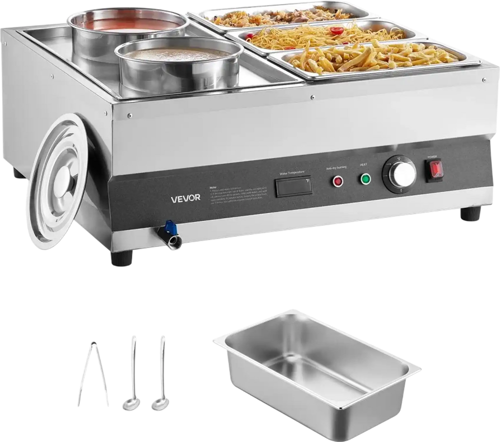 VEVOR Electric Soup Warmer, Two 6.34QT Pots & Three 1/3 Pans, Stainless Steel Commercial Food Warmer with 86~185°F Adjustable Temp, 1500W Bain Marie, Soup Station for Restaurant, Buffet