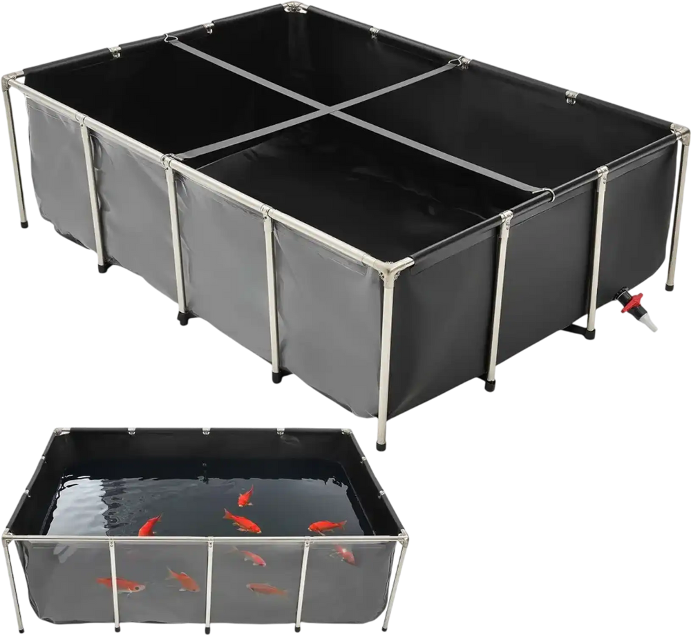 VEVOR Canvas Fish Pond, 470 Gal Above Ground Fish Pond, PVC Koi Tank with Clear Viewing Panel, Rectangular Goldfish Tank with Stainless Steel Frame & Drain Valve, for Breeding Koi, Irrigation(Black)
