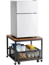 VEVOR Mini Fridge Stand with Storage, 198 lbs Mini Fridge Table with Movable Storage Cart & Swivel Wheels, Beverage Refrigerator Stand for Coffee Bar, Mini Fridge Organizer for Home Dorm, Light Brown