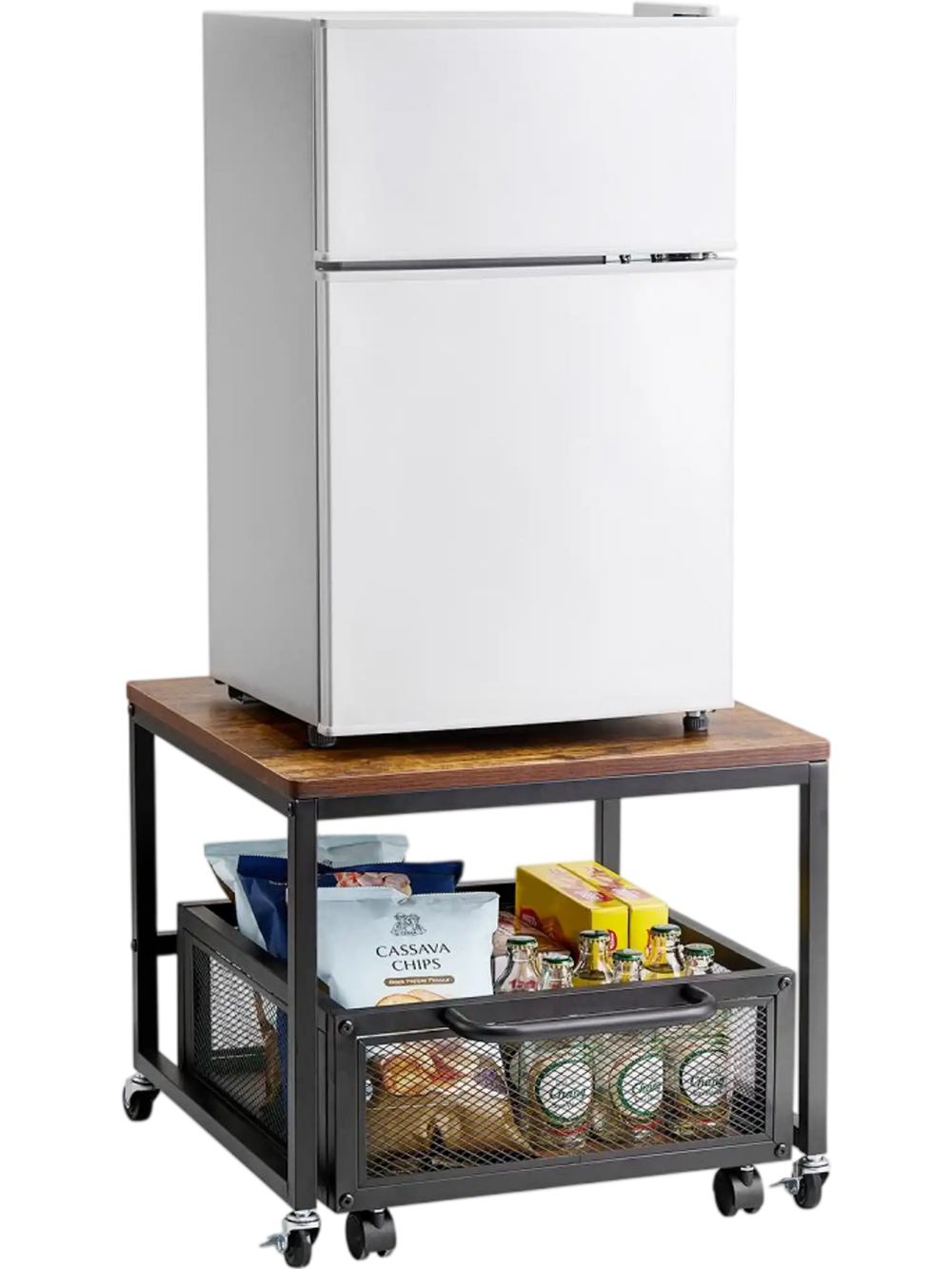 VEVOR Mini Fridge Stand with Storage, 198 lbs Mini Fridge Table with Movable Storage Cart & Swivel Wheels, Beverage Refrigerator Stand for Coffee Bar, Mini Fridge Organizer for Home Dorm, Light Brown