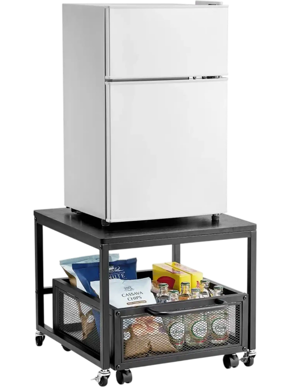 VEVOR Mini Fridge Stand with Storage, 198 lbs Mini Fridge Table with Movable Storage Cart & Swivel Wheels, Beverage Refrigerator Stand for Coffee Bar, Mini Fridge Organizer for Office Home Dorm, Black