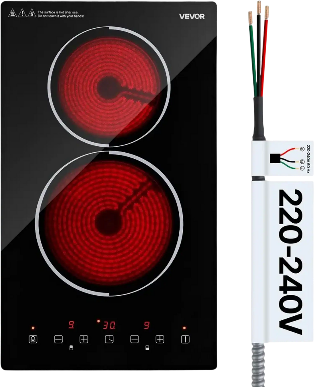 VEVOR Electric Cooktop 12inch 2 Burners Stove Top 3000W 220V No Plug, Ceramic Built-in Radiant Electric Stove, with 9 Power Levels, Timer, Child Lock, Over-Heat Guard, Touch Control