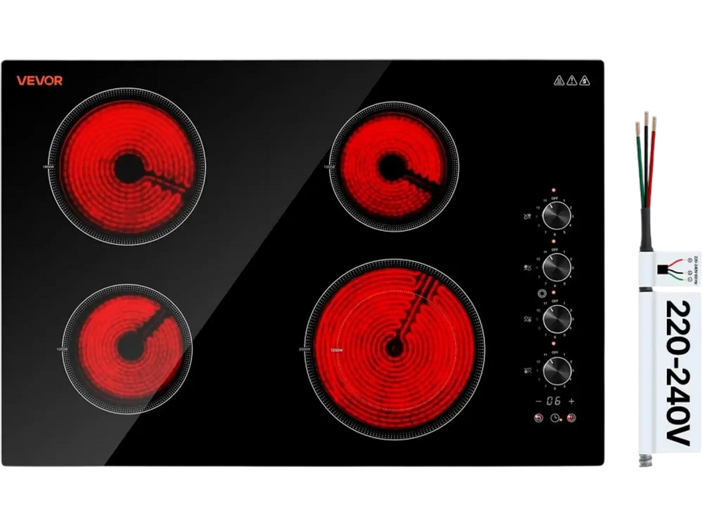 VEVOR Electric Cooktop 30inch 4 Burners Stove Top 6700W 220V No Plug, Ceramic Built-in Radiant Electric Stove , with 11 Power Levels, Timer, Child Lock, Over-Heat Guard, Knob/Touch Control