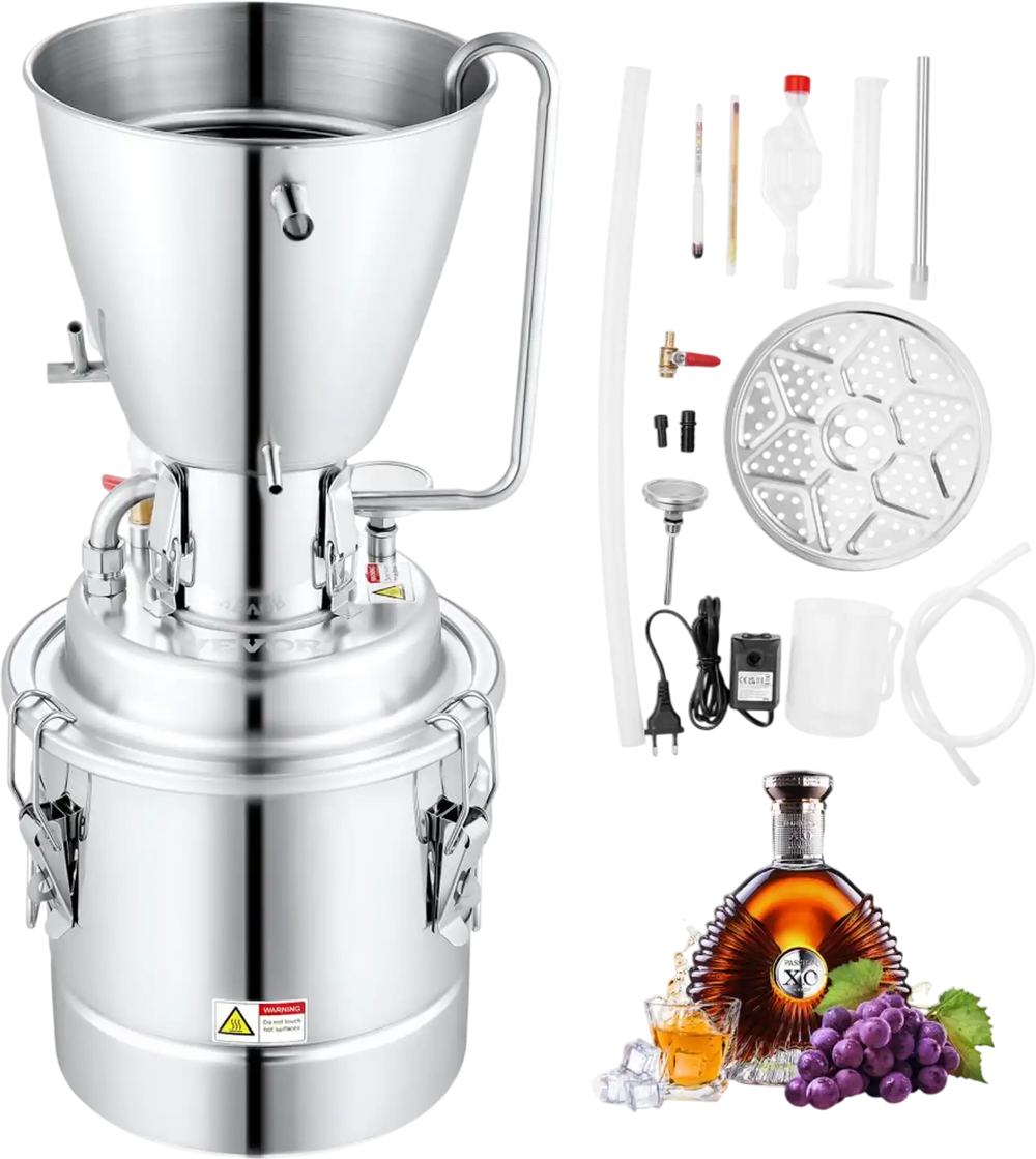 VEVOR Water Alcohol Distiller, 8 Gal/30 L, 304 Stainless Steel Still with 6-Lap Coil & Exhaust Port, Home Distillery Kit with Thermometer Pump, Oxygen-Free Steaming for Purer Whiskey Brandy Essential