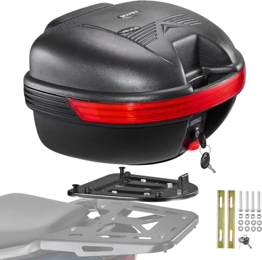 VEVOR Motorcycle Top Case 30L Universal Waterproof PP Motorcycle Tail Case, Detachable Motorbike Top Box with Security Lock & Backrest for Luggage Storage