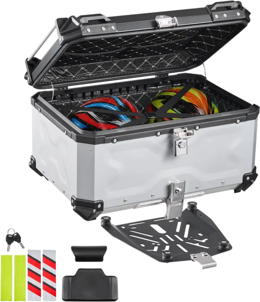 VEVOR Motorcycle Top Case, 65L Universal Aluminum Hard Motorcycle Tail Case, Waterproof Detachable Motorbike Top Box with Security Lock & Leather Liner for Helmets Storage