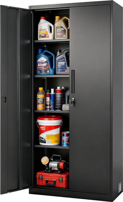 VEVOR Metal Storage Cabinet, 68.9 in Lockable Steel Garage Cabinet with 4 Adjustable Shelves, 2 Magnetic Doors, 2 Keys, 5 Tiers Tool Storage for Pantry, Warehouse, Basement, Laundry, Office, Black