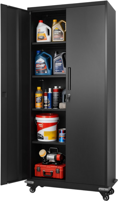 VEVOR Metal Storage Cabinet, 72.6 in Rolling Steel Garage Cabinet with 4 Adjustable Shelves, 2 Magnetic Doors & 2 Keys, 5 Tiers Lockable Tool Storage for Pantry, Warehouse, Basement, Office, Black