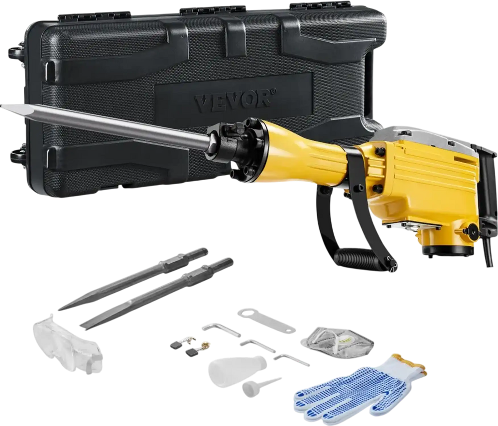 VEVOR Demolition Jack Hammer, 2200W Electric Jackhammer Heavy Duty, 1350 BPM Jack Hammer Concrete Breaker, with 1 Point Chisel, 1 Flat Chisel, Storage Case, Gloves and Goggles, for Demolition