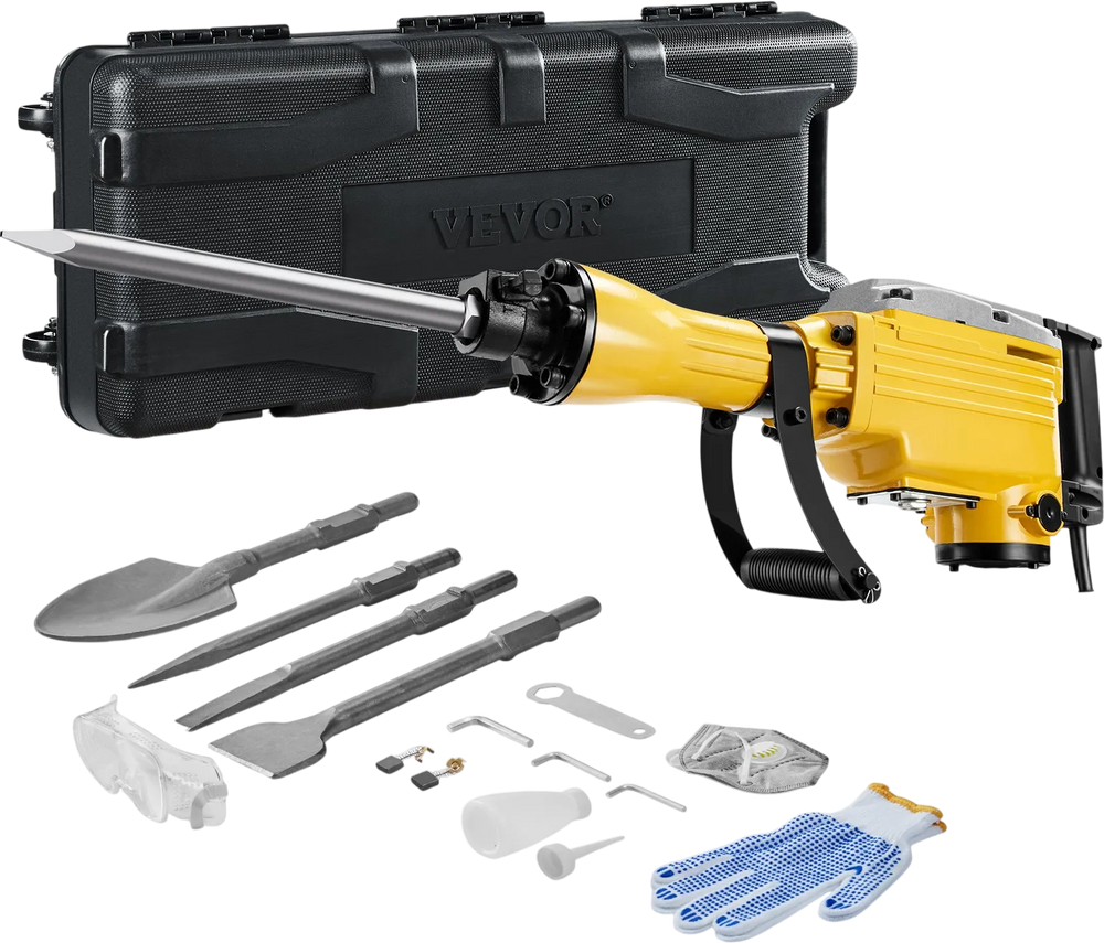 VEVOR Demolition Jack Hammer, 2200W 1350 BPM Jack Hammer Concrete Breaker, Heavy Duty Electric Jack Hammer 4pcs Chisels Bit with Gloves, 360° Swiveling Front Handle for Trenching and Breaking Holes