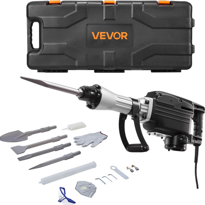 VEVOR Demolition Jack Hammer, 2800 W Powerful Electric Jackhammer, 1200 BPM Concrete Breaker with 3 Chisels, a Clay Spade, Carrying Case, Gloves, for Concrete, Wall, Brick, Tile and Foundation
