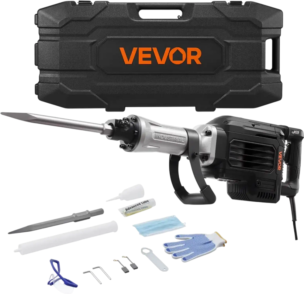 VEVOR Demolition Jack Hammer, 3000 W Powerful Electric Jackhammer, 1700 BPM Concrete Breaker with a Point Chisel, Carrying Case, Gloves, Goggles, for Concrete, Wall, Brick, Tile and Foundation