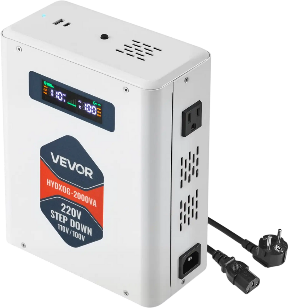 VEVOR Step Down Voltage Converter, 2000VA, Heavy Duty Voltage Power Converter, 220V to 110V Power Transformer, with 2 US Outlets, USB Output, LCD Display, Temperature Protection, for 110V Appliances