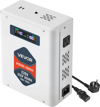 VEVOR Step Down Voltage Converter, 2000VA, Heavy Duty Voltage Power Converter, 220V to 110V Power Transformer, with 2 US Outlets, USB Output, LCD Display, Temperature Protection, for 110V Appliances