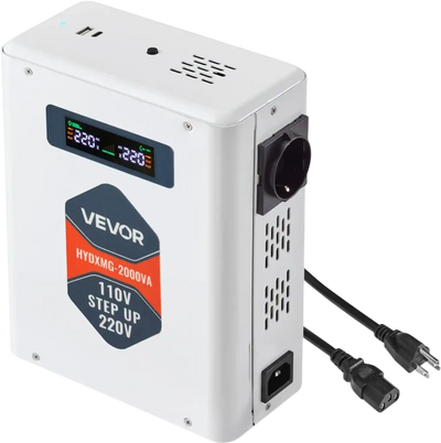 VEVOR Step Up Voltage Converter, 2000VA, Heavy Duty Voltage Power Converter, 110V to 220V Power Transformer, with 2 EU Outlets, USB Output, LCD Display, Temperature Protection, for 220V Appliances