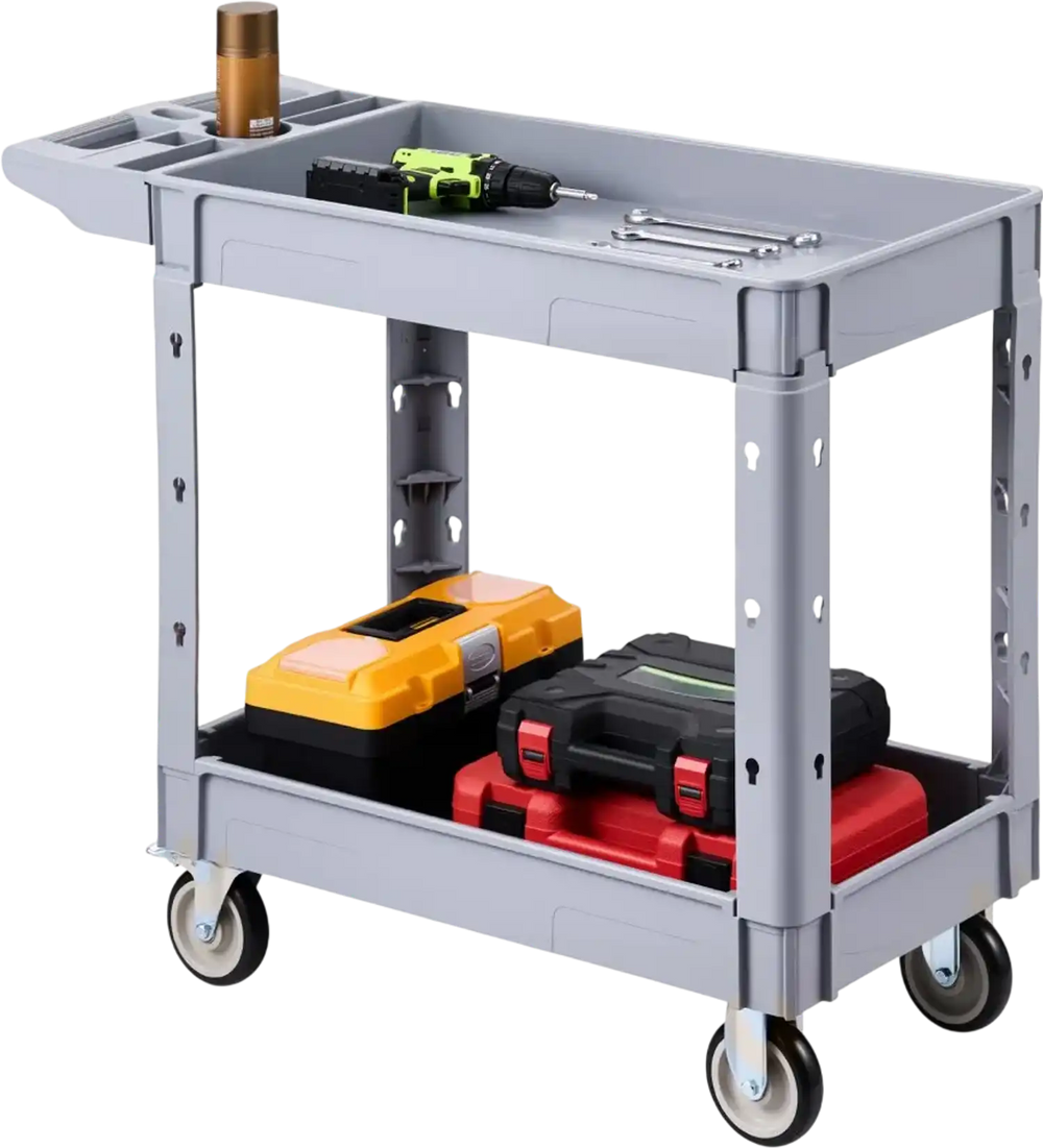 VEVOR Utility Cart, 550 lbs Capacity, 2 Tier Service Cart with 360° Swivel & Fixed Wheels (2 with Brakes), Heavy Duty Plastic Rolling with Storage Tray, Tool Storage for Garage Warehouse Workshop
