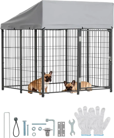 VEVOR Outdoor Dog Kennel, 3.67 x 3.78 x 4.1 ft Large Dog Kennel with Secure Lock, Outside Dogs Enclosures with UV-Resistant & Waterproof Roof Cover, Heavy Duty Pet Crate Cage Run for Large Dogs