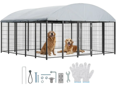 VEVOR Outdoor Dog Kennel, 9.8 x 9.8 x 5.4 ft Large Dog Kennel with Secure Lock, Outside Dogs Enclosures with UV-Resistant & Waterproof Roof Cover, Heavy Duty Pet Crate Cage Run for Large Dogs