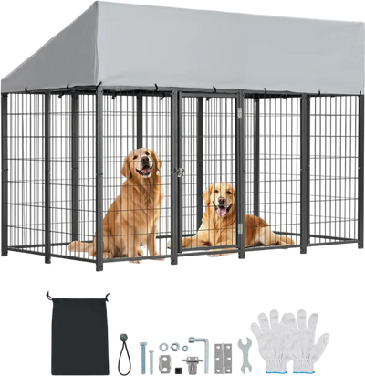 VEVOR Outdoor Dog Kennel, 7.87 x 3.94 x 5.4 ft Large Dog Kennel with Secure Lock, Outside Dogs Enclosures with UV-Resistant & Waterproof Roof Cover, Heavy Duty Pet Crate Cage Run for Large Dogs