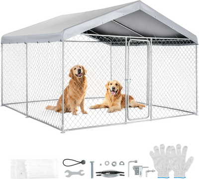 VEVOR Outdoor Dog Kennel, 9.84 x 9.84 x 7.05 ft Large Dog Kennel with Secure Lock, Outside Dogs Enclosures with UV-Resistant & Waterproof Roof Cover, Heavy Duty Pet Crate Cage Run for Large Dogs