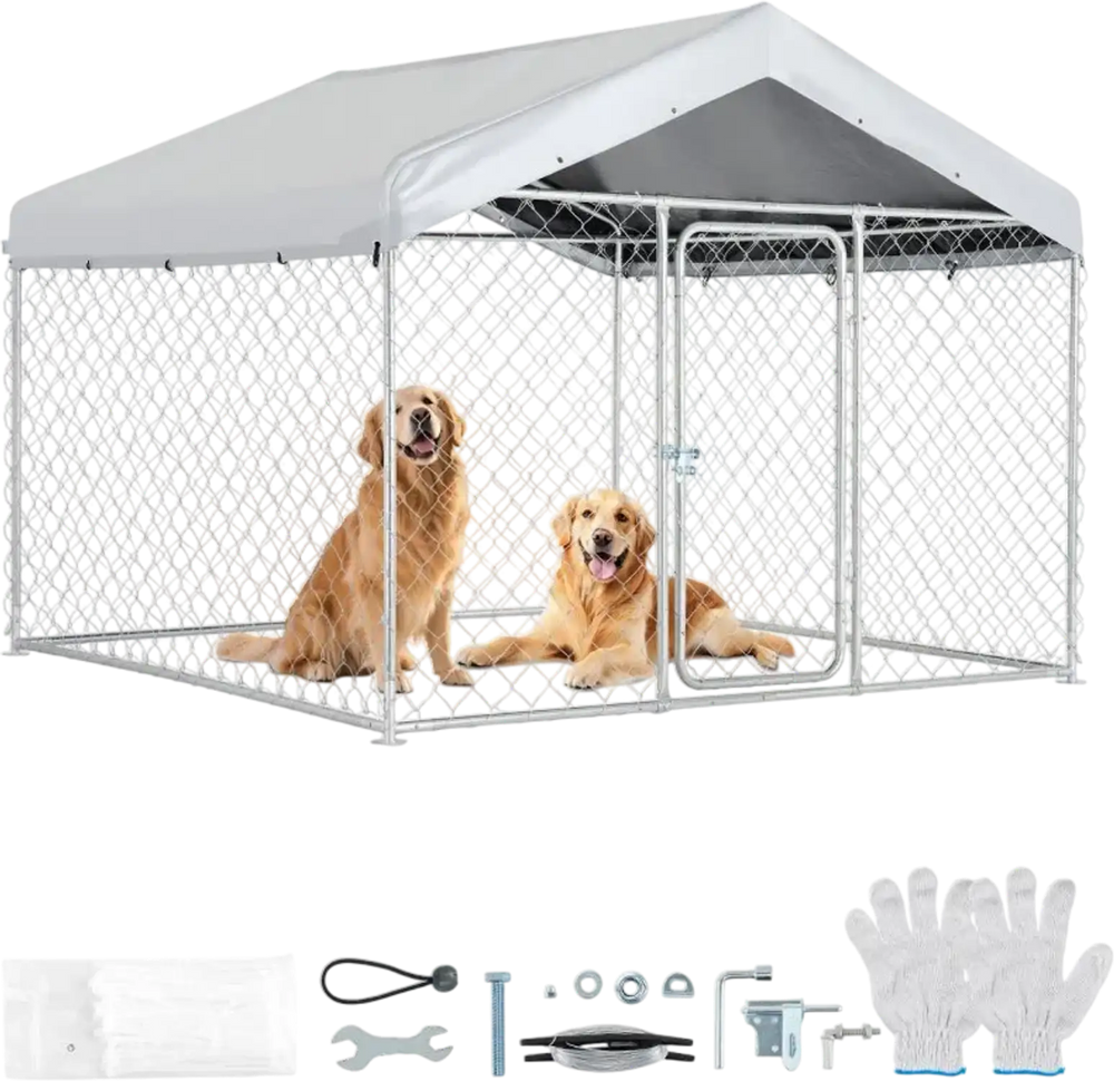 VEVOR Outdoor Dog Kennel, 6.56 x 6.56 x 5.25 ft Large Dog Kennel with Secure Lock, Outside Dogs Enclosures with UV-Resistant & Waterproof Roof Cover, Heavy Duty Pet Crate Cage Run for Large Dogs