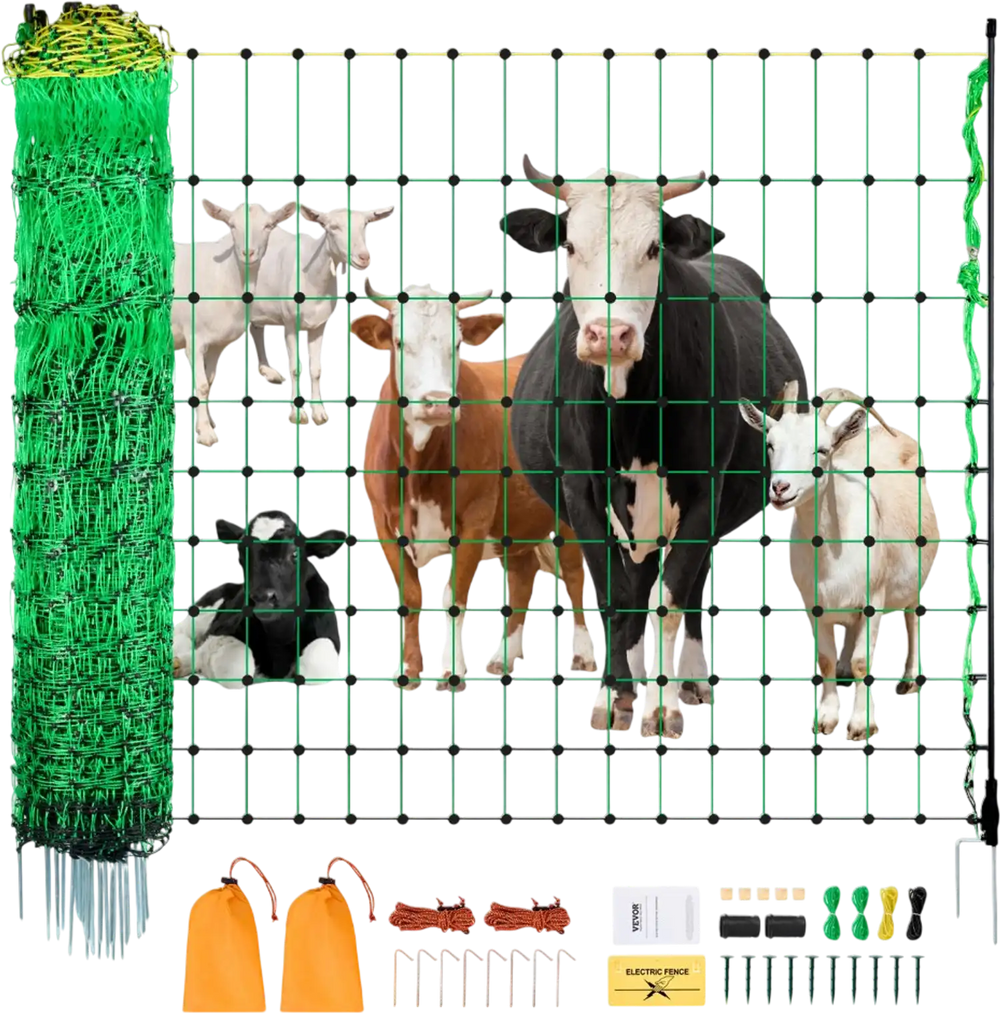 VEVOR Electric Fence Netting, 42 in (H) x 164 ft (L), PE Net Fencing with Posts & Double-Spiked Stakes, Utility Portable Electric Fence for Pigs, Cows, Sheep, Deer, Used in Backyards, Farms, Ranches