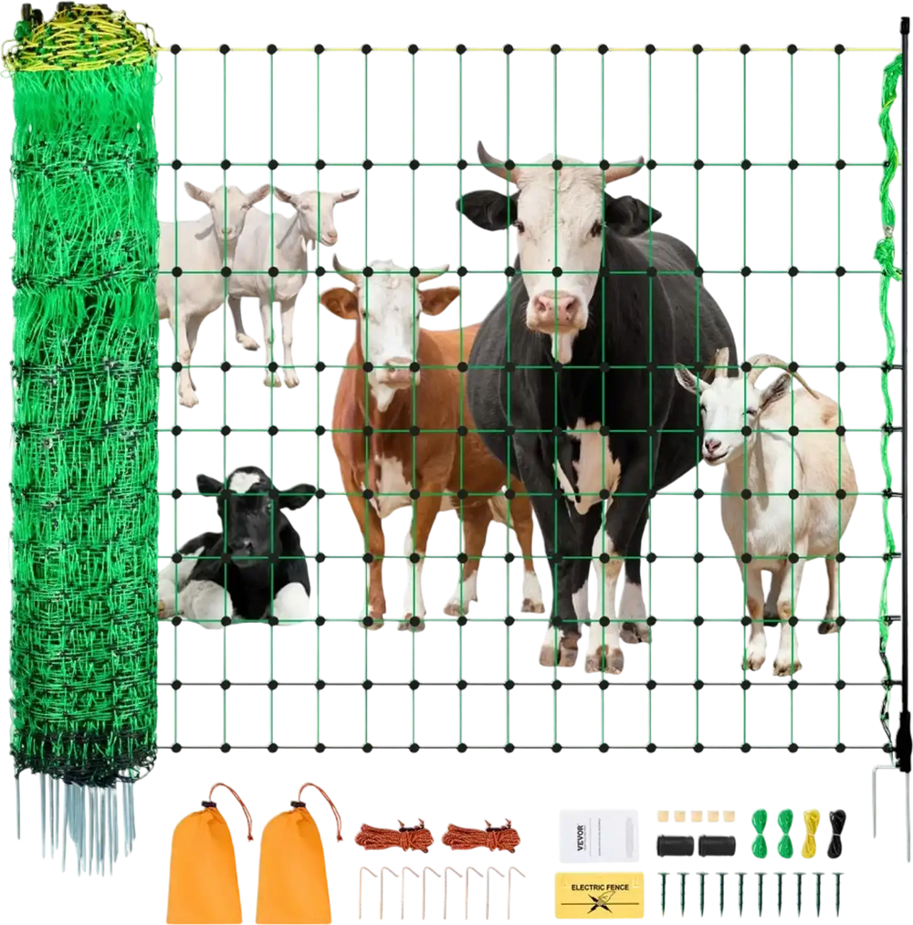 VEVOR Electric Fence Netting, 50" H x 164' L, Livestock Net Fencing with Posts & Stakes, Portable Mesh Nets for Goats, Sheep, Deer, Hogs, Dogs, Electric Fencing for Backyards, Gardens, Farms, Ranches