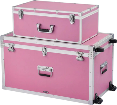 VEVOR Metal Storage Trunk, Set of 2, Wooden Suitcase Storage Boxes with Padlocks, Large Trunk Includes Casters & 3 Metal Handles, Decorative Store Chest with Lids for Travel, Apartment, Dorm, Pink