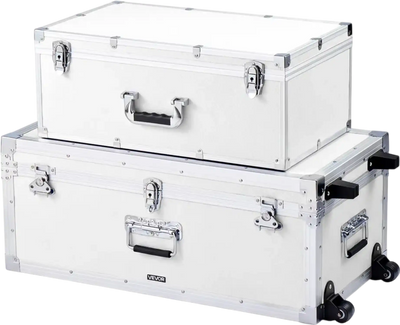 VEVOR Metal Storage Trunk, Set of 2, Wooden Suitcase Storage Boxes with Padlocks, Large Trunk Includes Casters and 3 Metal Handles, Decorative Store Chest with Lids for Travel, Apartment, Dorm, White
