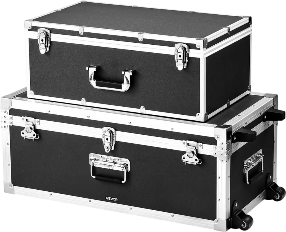 VEVOR Metal Storage Trunk, Set of 2, Wooden Suitcase Storage Boxes with Padlocks, Large Trunk Includes Casters and 3 Metal Handles, Decorative Store Chest with Lids for Travel, Apartment, Dorm, Black