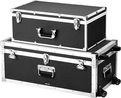 VEVOR Metal Storage Trunk, Set of 2, Wooden Suitcase Storage Boxes with Padlocks, Large Trunk Includes Casters and 3 Metal Handles, Decorative Store Chest with Lids for Travel, Apartment, Dorm, Black