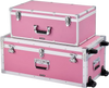 VEVOR Metal Storage Trunk, Set of 2, Wooden Suitcase Storage Boxes with Padlocks, Large Trunk Includes Casters and 3 Metal Handles, Decorative Store Chest with Lids for Travel, Apartment, Dorm, Pink