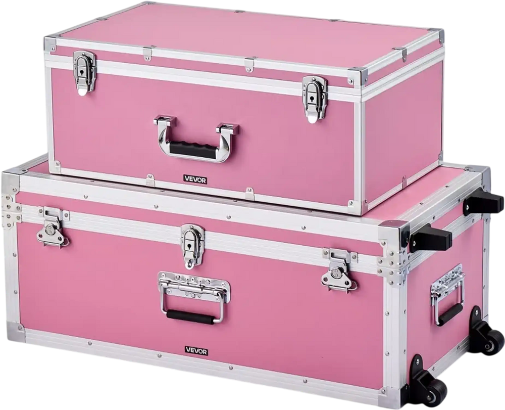 VEVOR Metal Storage Trunk, Set of 2, Wooden Suitcase Storage Boxes with Padlocks, Large Trunk Includes Casters and 3 Metal Handles, Decorative Store Chest with Lids for Travel, Apartment, Dorm, Pink