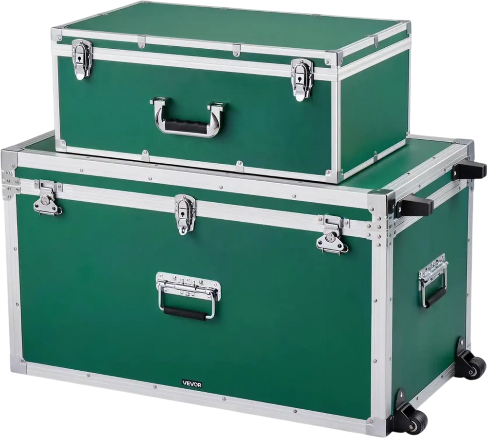 VEVOR Metal Storage Trunk, Set of 2, Wooden Suitcase Storage Boxes with Padlocks, Large Trunk Includes Casters & 3 Metal Handles, Decorative Store Chest with Lids for Travel, Apartment, Dorm, Green