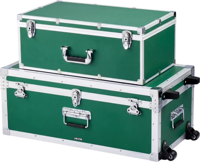 VEVOR Metal Storage Trunk, Set of 2, Wooden Suitcase Storage Boxes with Padlocks, Large Trunk Includes Casters and 3 Metal Handles, Decorative Store Chest with Lids for Travel, Apartment, Dorm, Green