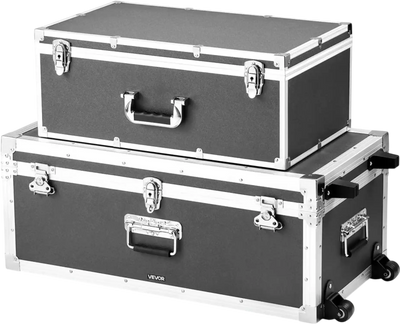 VEVOR Metal Storage Trunk, Set of 2, Wooden Suitcase Storage Boxes with Padlocks, Large Trunk Includes Casters and 3 Metal Handles, Decorative Store Chest with Lids for Travel, Apartment, Dorm, Gray