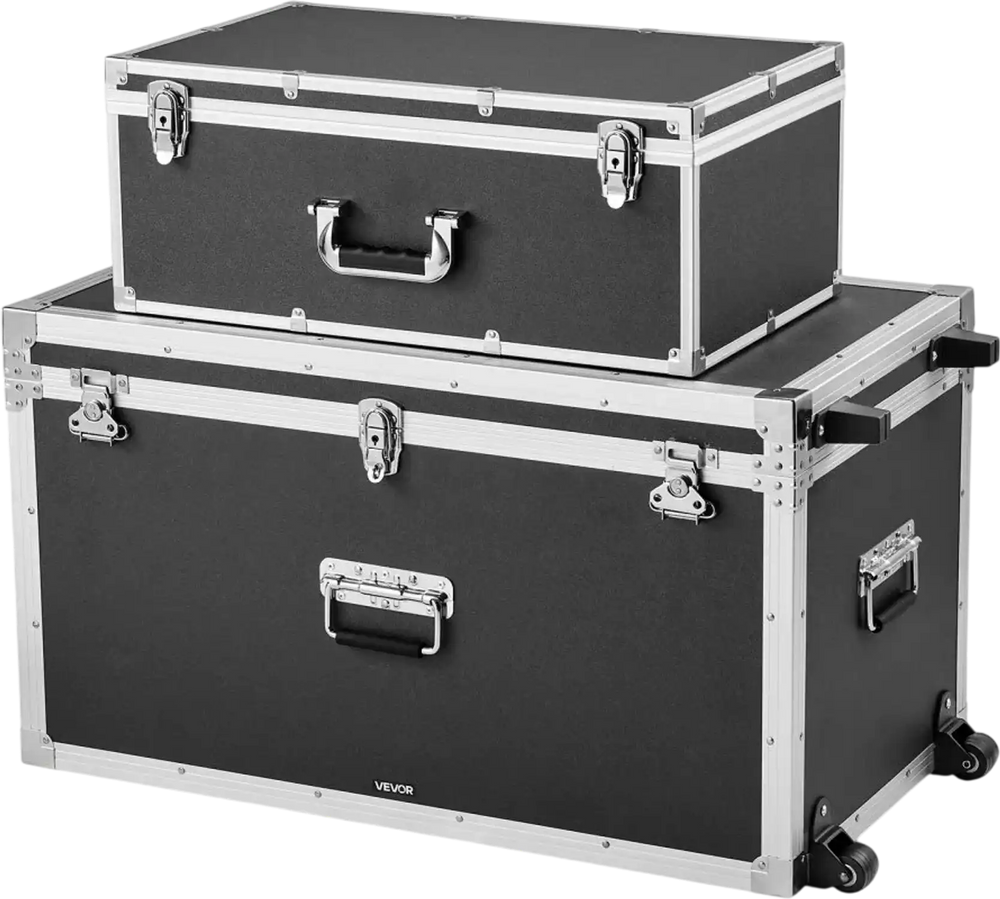 VEVOR Metal Storage Trunk, Set of 2, Wooden Suitcase Storage Boxes with Padlocks, Large Trunk Includes Casters & 3 Metal Handles, Decorative Store Chest with Lids for Travel, Apartment, Dorm, Black